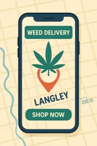 Smartphone screen showing a Langley weed delivery app over a simplified city map
