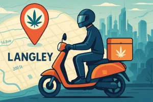 Scooter rider delivering cannabis with a Langley map pin in the background”
