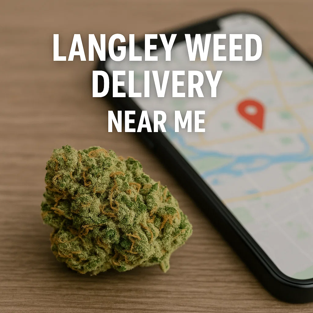 Langley weed delivery near me – cannabis bud beside a phone map with a pin