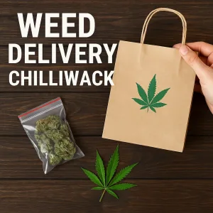Weed Delivery Chilliwack — paper bag with cannabis leaf and sealed flower pouch on wood table