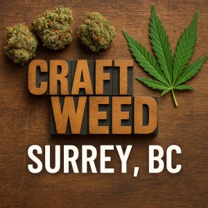 Buy craft weed Surrey BC — small-batch cannabis buds and leaf on wood background