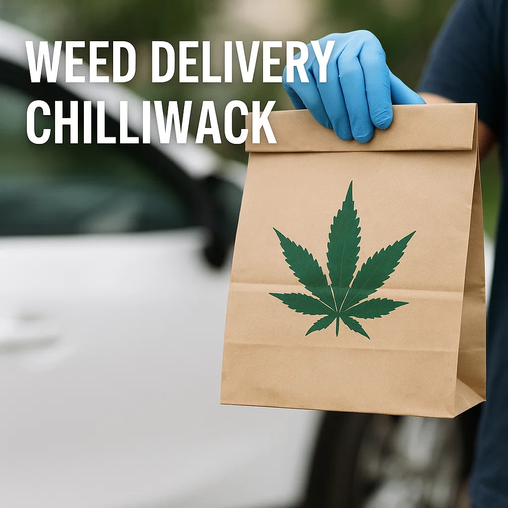 Chilliwack weed delivery driver handing off discreet paper bag near vehicle