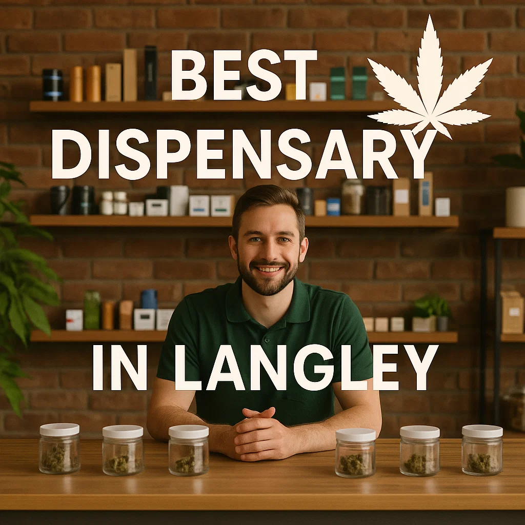 Smiling budtender sitting behind a counter with cannabis jars labeled “Best Dispensary in Langley.”