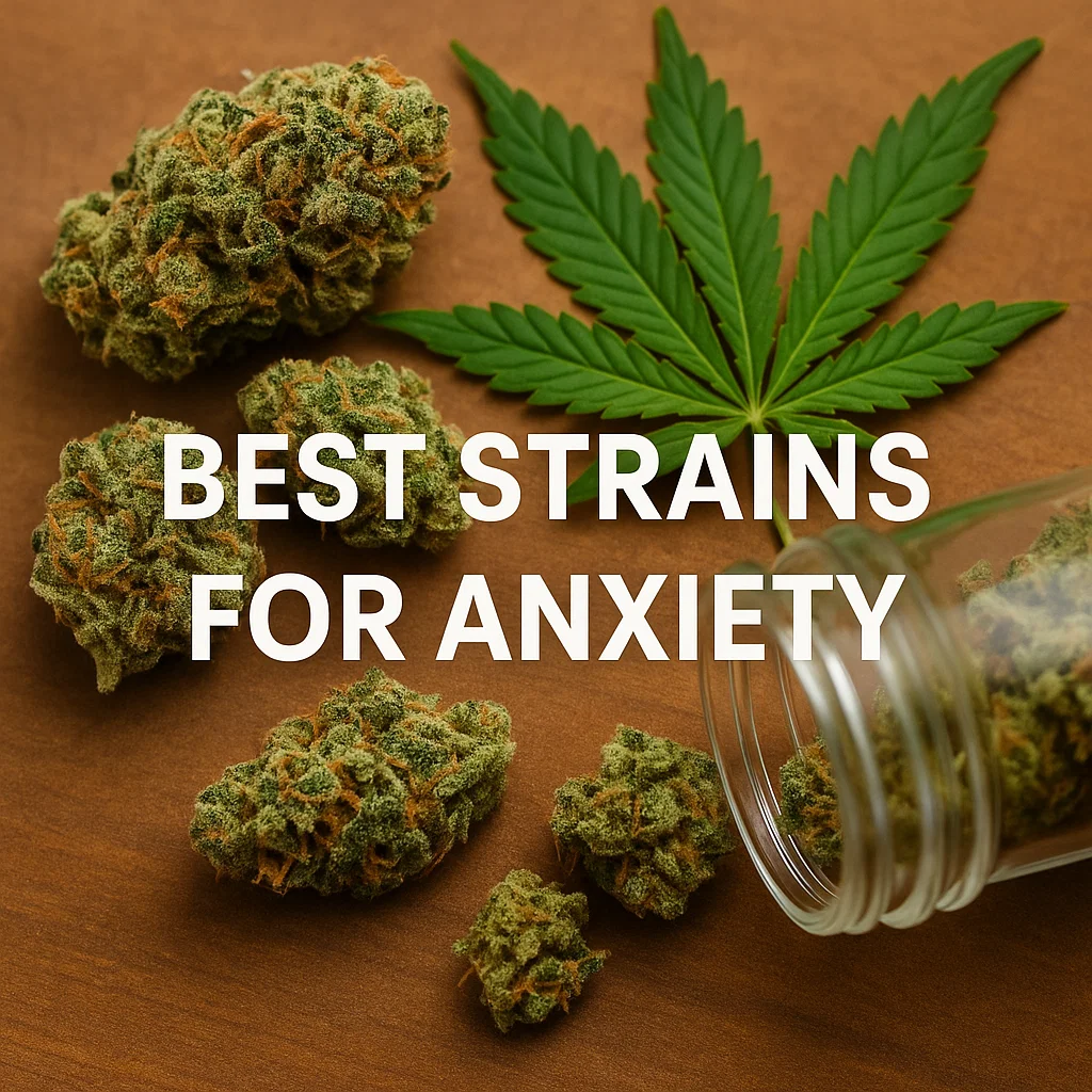 Cannabis buds and leaf on a wooden surface with text reading “Best Strains for Anxiety”