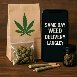 Paper bag with cannabis leaf, phone reading “Same Day Weed Delivery Langley,” and packaged buds with pre-rolls.