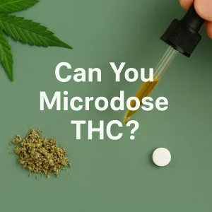 Hand holding THC oil dropper above cannabis crumbs and a tablet beside the text “Can You Microdose THC?” on a green surface.
