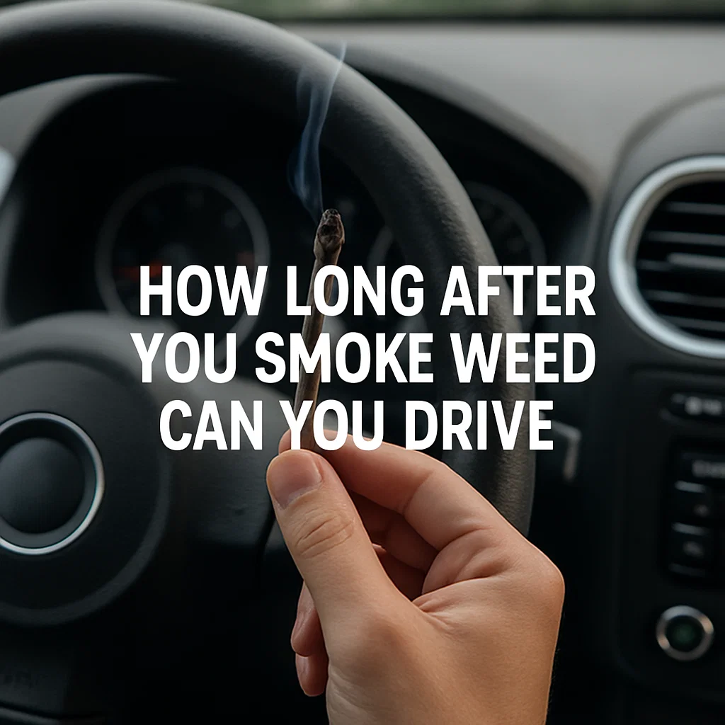 Hand holding a lit joint in front of a steering wheel, highlighting the question of driving after smoking weed.
