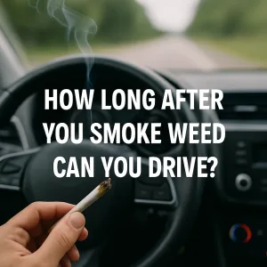 Person holding a joint while sitting behind the wheel of a car, symbolizing weed and driving safety awareness.