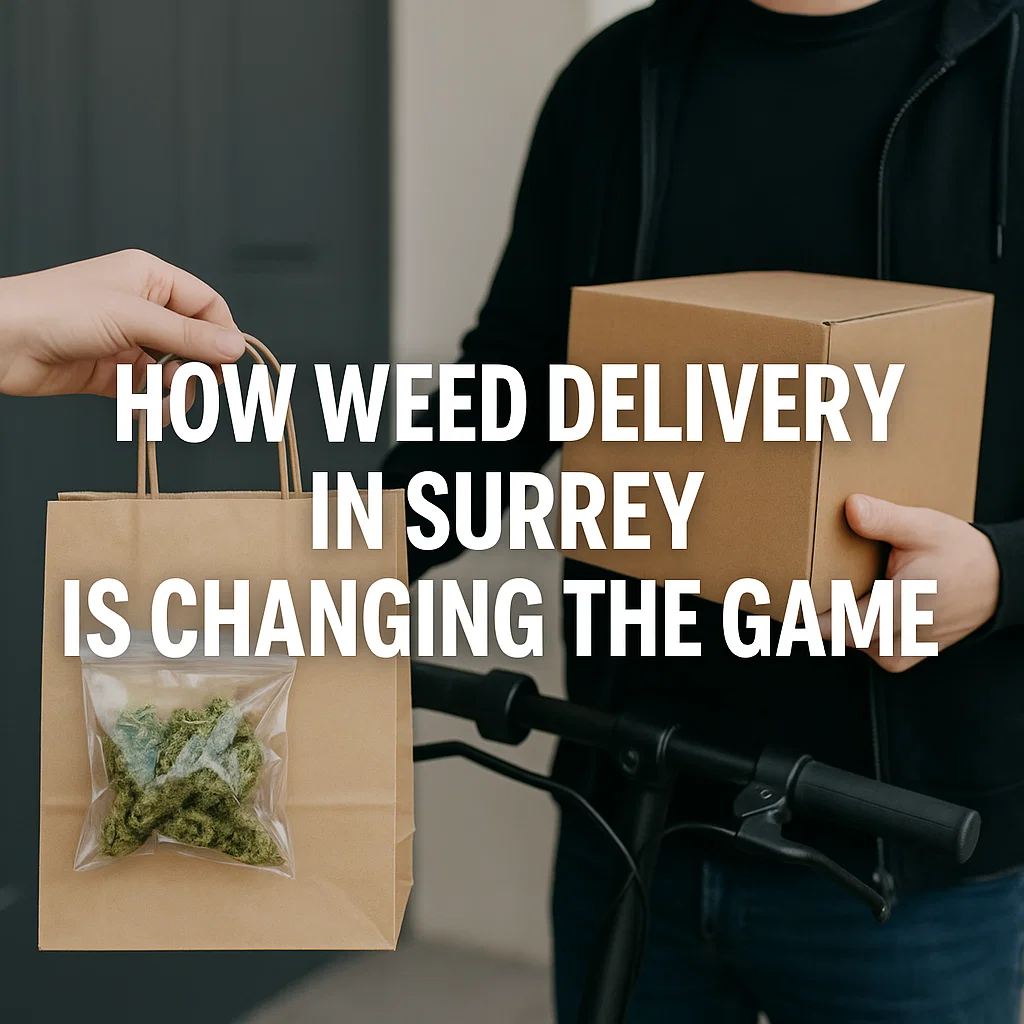 Courier handing over a weed delivery bag and box outside a customer’s door.