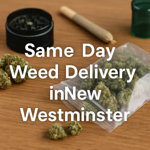 Close-up of cannabis buds, grinder, and joint with text overlay “Same Day Weed Delivery in New Westminster.”