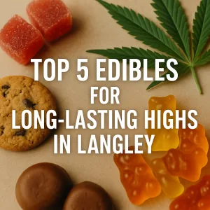 Cannabis edibles including gummies, cookies, and chocolates beside a marijuana leaf.