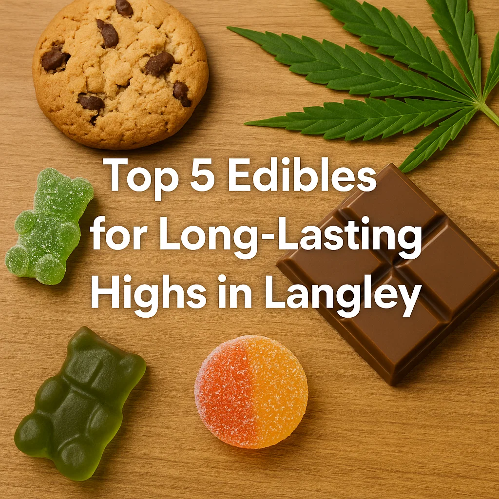 THC-infused cookies, gummies, and chocolate arranged on a wooden table beside a cannabis leaf.