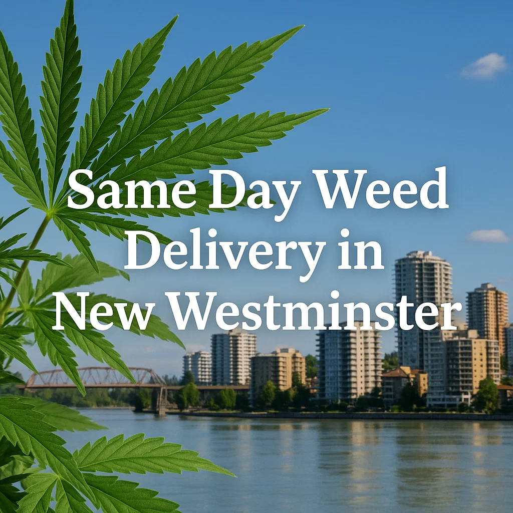 Cannabis leaf framing the New Westminster skyline with text reading “Same Day Weed Delivery in New Westminster.”