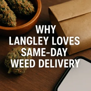 Cannabis buds and paper package on table for Langley same-day weed delivery