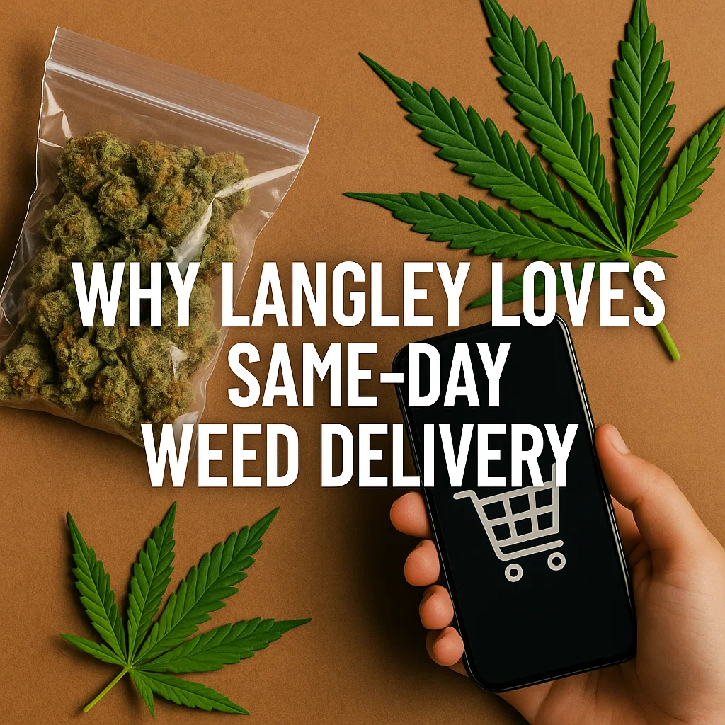 Bag of cannabis and smartphone showing shopping cart icon for same-day weed delivery in Langley