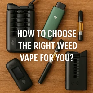 Various weed vape pens and devices displayed on a wooden surface with text reading “How to Choose the Right Weed Vape for You.”