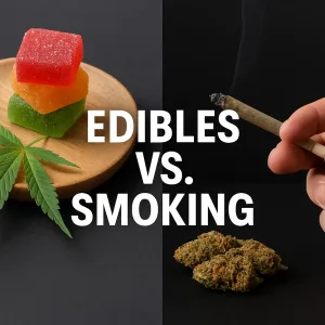Cannabis gummies and a hand holding a lit joint side by side with text reading “Edibles vs. Smoking.”