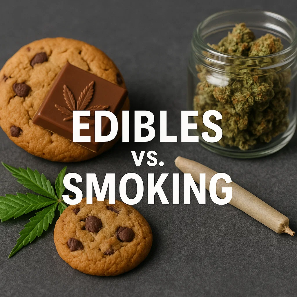 Cannabis cookies, chocolate, joint, and jar of weed displayed with text “Edibles vs. Smoking.”