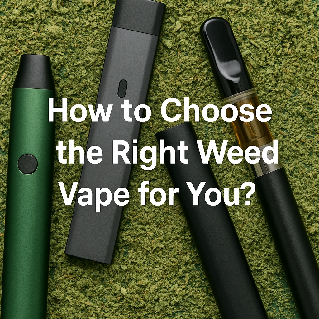 Close-up of sleek cannabis vape pens and cartridges on a green background with the title “How to Choose the Right Weed Vape for You.”
