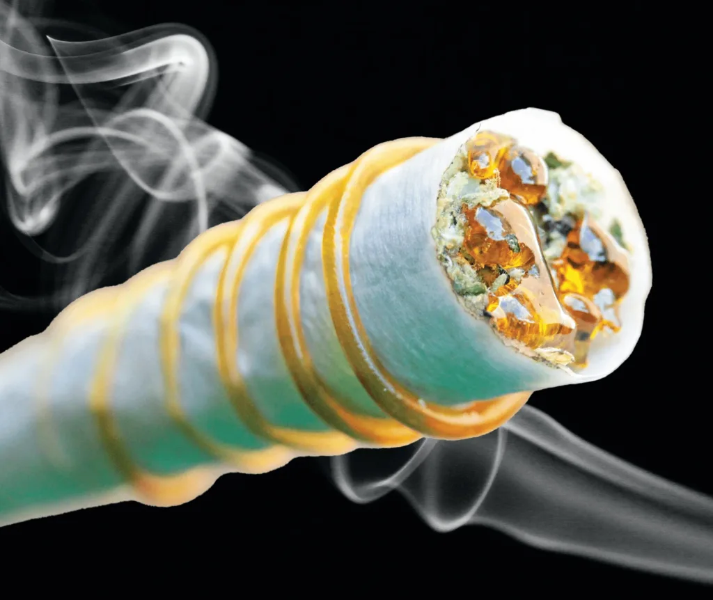 Close-up of a joint tip packed with flower and golden shatter, with a spiral wrap and wisps of smoke against a black background.
