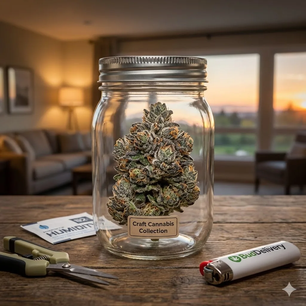A close-up of a large, frosty purple and green cannabis bud inside a glass mason jar labeled "Craft Cannabis Collection" on a wooden table, next to a humidity pack and a lighter.