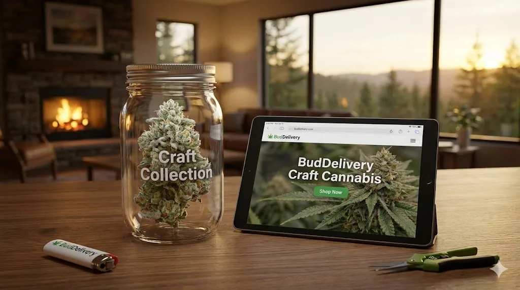 A tablet displaying the BudDelivery website on a wooden coffee table next to a jar of craft cannabis, with a cozy fireplace and forest view in the background.