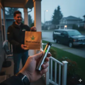 First-person view of a hand holding a vape pen while watching a delivery driver hand a cannabis order to a customer on a rainy porch in Langley.