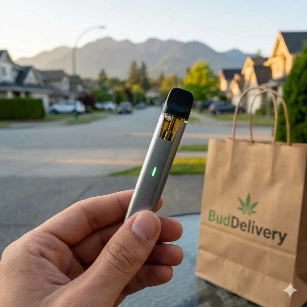 A hand holding a silver disposable THC vape pen with a green LED light, with a BudDelivery paper bag and Langley suburban street in the background.