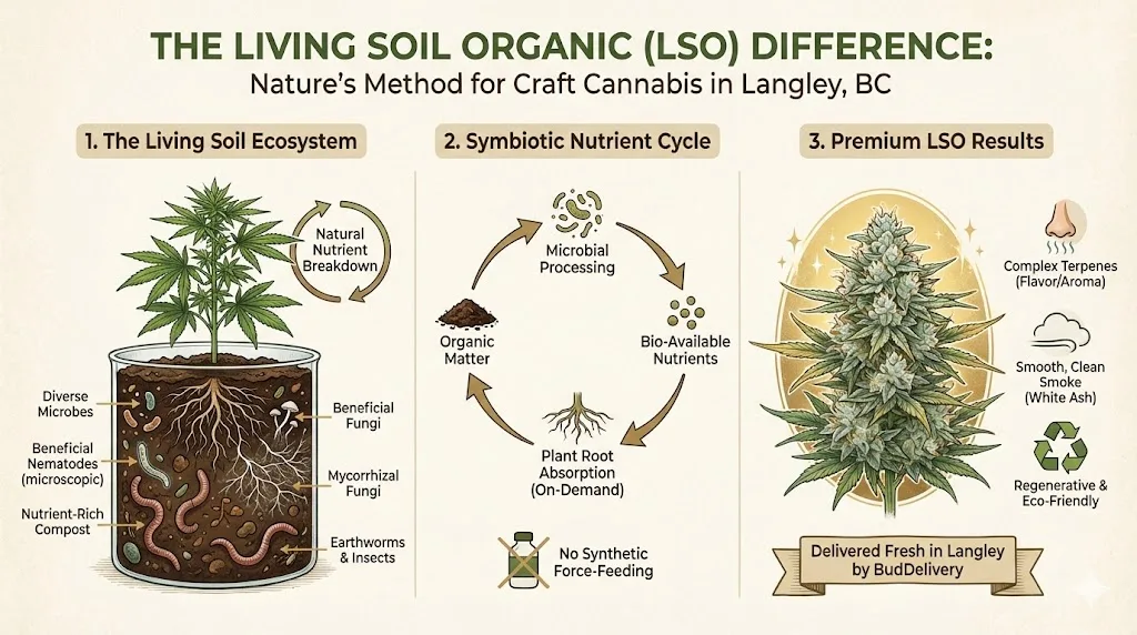 An infographic titled 'The Living Soil Organic (LSO) Difference' detailing the living soil ecosystem, the symbiotic nutrient cycle, and premium results like complex terpenes and smooth smoke.
