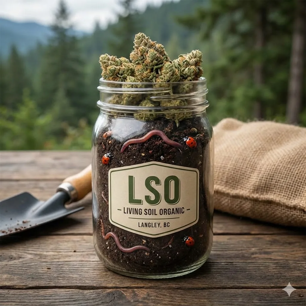 A glass mason jar filled with dark living soil, earthworms, and ladybugs, topped with a large, frosty cannabis bud. The jar has a label reading "LSO - Living Soil Organic - Langley, BC" and sits on a rustic wooden table with a garden trowel.