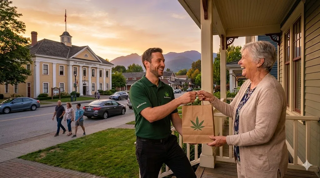A friendly delivery driver in a green polo shirt handing a brown paper cannabis bag to a smiling senior woman on a porch in front of the Fort Langley Community Hall.