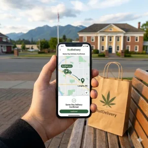 A smartphone screen displaying a BudDelivery map tracking a same-day cannabis order in Langley, with a delivery bag sitting on a bench in Fort Langley.