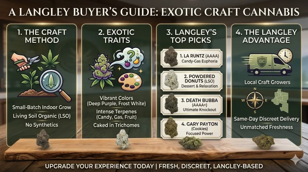 Infographic titled Langley's Weed Edibles: A Buyer's Guide and Ranking, showing extract types, a dosing guide, top edible categories, and same-day delivery zones.