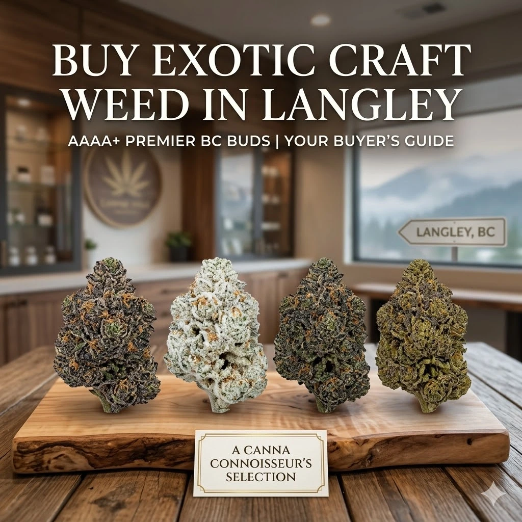 A wooden serving board displaying cannabis-infused gummies, chocolate bars, baked cookies, and a bottle of THC syrup outdoors, with a card reading Langley's Best Craft Edibles.