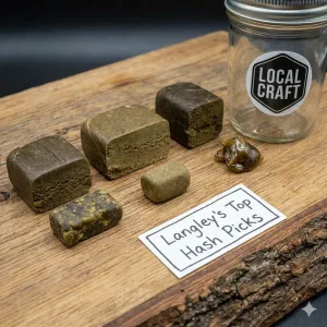 An infographic titled 'Langley's Hash Hierarchy: Ranking Local Concentrates' that categorizes hash into Top Shelf, Premium, and Entry Level tiers based on potency, flavor, texture, and value.