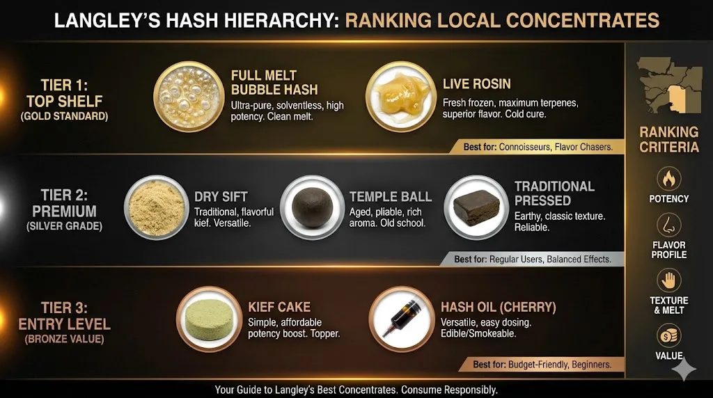 Various types of craft cannabis hash, including traditional pressed blocks, a temple ball, and gooey live rosin, displayed on a rustic wooden board with a sign reading "Langley's Top Hash Picks."