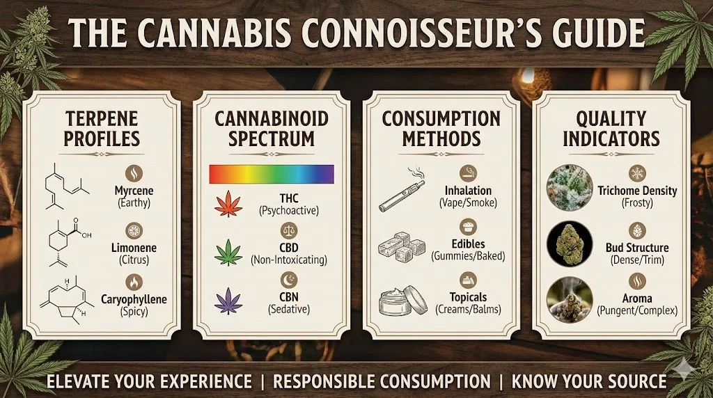 An educational infographic titled The Cannabis Connoisseur's Guide detailing terpene profiles, the cannabinoid spectrum, consumption methods, and quality indicators.