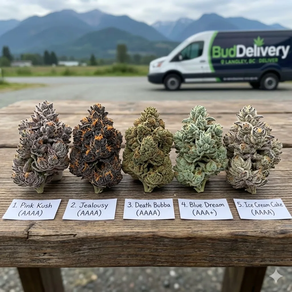 Five premium cannabis buds lined up on a wooden table with numbered labels, with a BudDelivery van parked in front of mountains in the background.