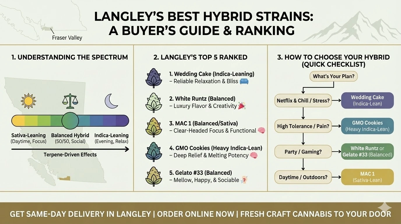 An educational infographic titled Langley's Best Hybrid Strains detailing the hybrid spectrum, the top 5 ranked strains, and a flowchart checklist for choosing the right strain based on your plans.
