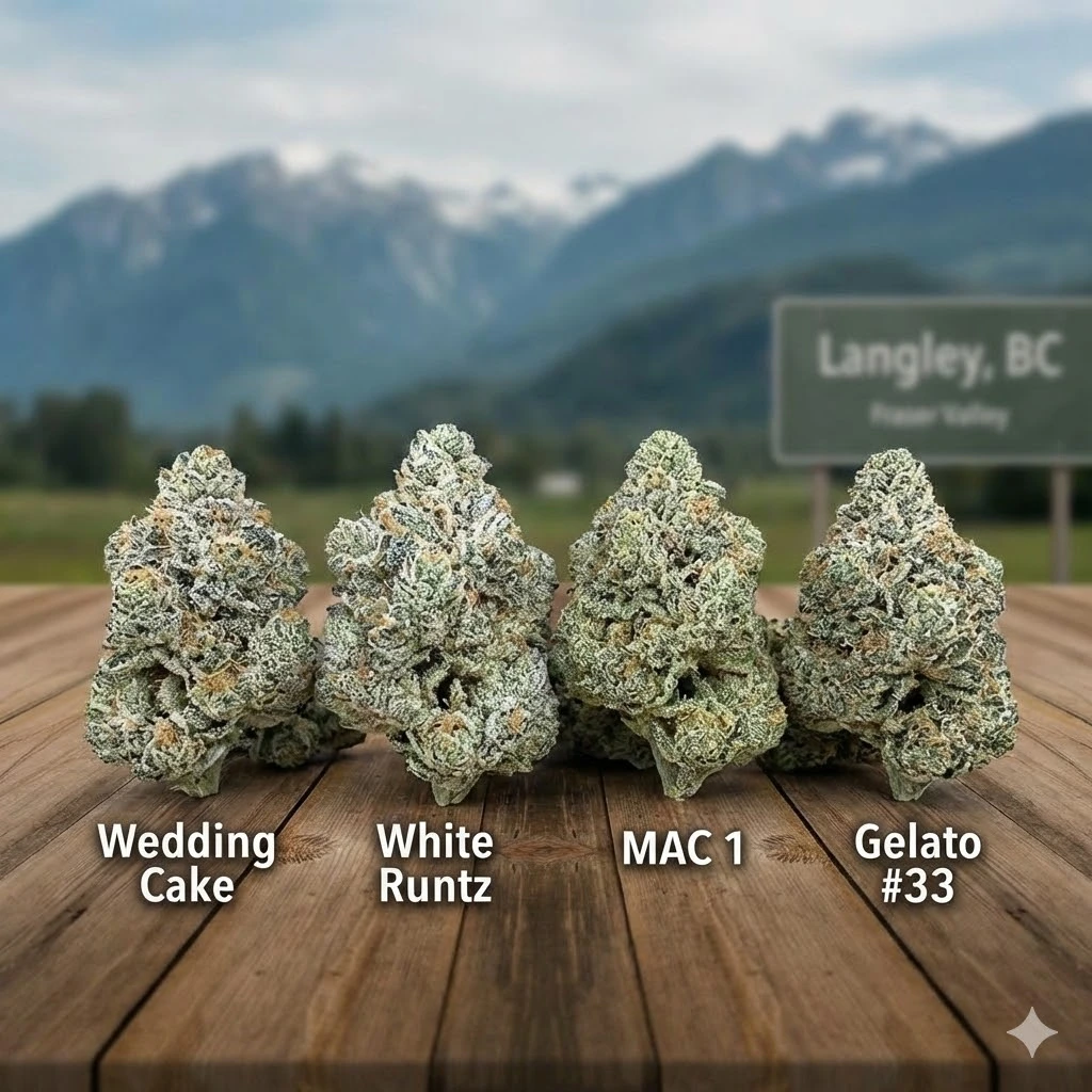 Four premium hybrid cannabis buds labeled Wedding Cake, White Runtz, MAC 1, and Gelato #33 sitting on a wooden table with a Langley BC highway sign and mountains in the background.