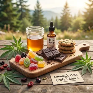 A wooden serving board displaying cannabis-infused gummies, chocolate bars, baked cookies, and a bottle of THC syrup, outdoors with a card reading Langley's Best Craft Edibles.