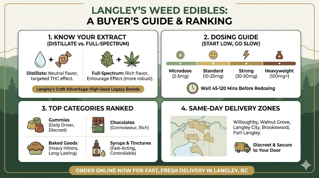 An infographic titled Langley's Weed Edibles: A Buyer's Guide and Ranking, featuring sections explaining cannabis extracts, a dosage guide, top edible categories, and local delivery zones.