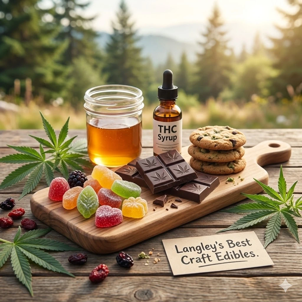 A wooden serving board displaying cannabis-infused gummies, chocolate bars, baked cookies, and a bottle of THC syrup, outdoors with a card reading Langley's Best Craft Edibles.