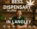Smiling budtender sitting behind a counter with cannabis jars labeled “Best Dispensary in Langley.”